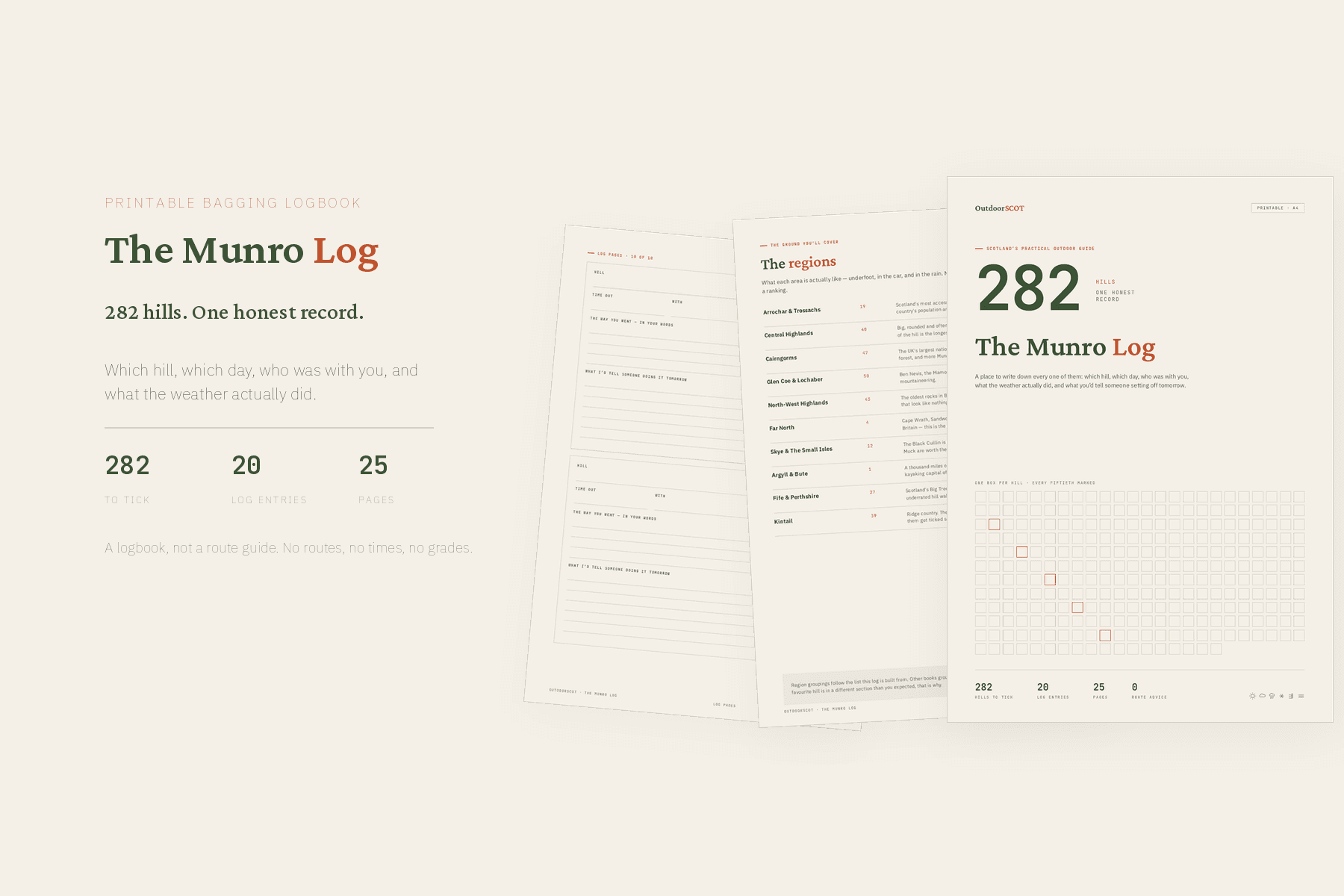 The Munro Log — A4 pages showing the tick list, a log entry spread and the round tracker